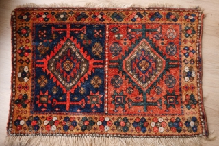 Kurdish mafrash in very good condition, wonderful deep intense colours, natural with one synthetic red. Soft and shiny wool. 59 x 90 cm.          