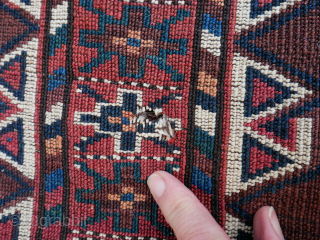 Yomut ensi, very nice quality, finely knotted, beautiful wool and full pile, natural colours. Good condition for such an old carpet, but has a few holes (the largest in the photo, the  ...