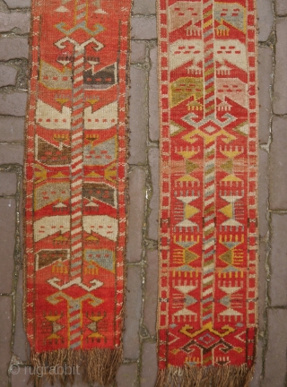 Khirgiz pile tent band fragments, colourful with fascinating graphics, wool. 
160 x 20,5 cm. 
€125 for the pair, €75 each             