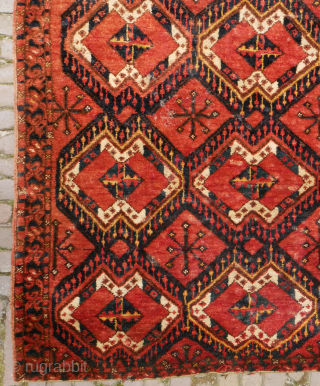 Rare large Ersar i small rug probably used as sitting mat on special occasions. small rug with ikat motif. Full shiny and soft pile, lots of abrash, some moth damage as you  ...