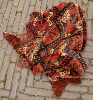 Rare large Ersar i small rug probably used as sitting mat on special occasions. small rug with ikat motif. Full shiny and soft pile, lots of abrash, some moth damage as you  ...