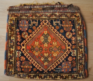 Qashqai bag, this one has it all! And something special: dated 1322 = 1904. probaly made for a special occasion or person. 
Mint condition, very nice kilim backside,natural colours, 52 x 48  ...