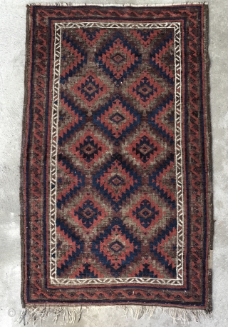 Super small old Baluch. Brown corroded to foundation, but everything else is full Pile. Great Color and Wool. 
Approx 30" x 58". The main listing picture is most accurate for color. The  ...