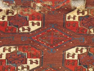 Yomud Tauk Nuska Main Carpet, saturated color, good spacing, super diamond minors with pearl ornament, salt and pepper back, cut and shut.           