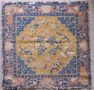 Chinese Ningxia Square with Fret Dragons and Lotus Border on a yellow ground. 71x72cm / apx. 28"x28"                