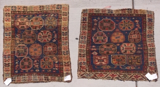 Pair of small pile Shahsevan bags with sumak derived designs. Excellent color and super soft wool. One is about 17"x17.5" and the other 16"x19". These are quite good!     