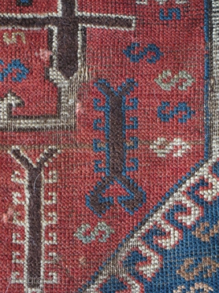East Anatolian Rug with Transylvanian Border. Great graphics, 3 medallions nicely drawn with an assortment of scorpions. Good colors with an unusual subdued palette. Condition is fair with scattered old "repair" and  ...