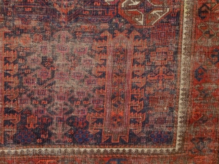 Antique Baluch rug or small main carpet (7'4"x4'6") from Khorosan, ne Persia. Timuri type shrubs and trees and unusual geometric elements. Worn but complete with natural colors including four blues, one corrosive,  ...