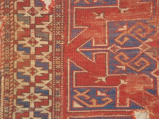 Small format Bergama area Turkish rug. Squarish shape and nicely drawn with good color. About 38"×42". Worn but very readable. Two-tones of blue in the field.       