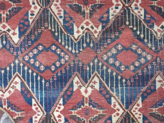 Central Asian Middle Amu Darya Area or Ersari Chuval with an ikat pattern. Crazy drawing with a lot of asymmetry, good color with a peculiar blue/black/green color. Some flat-stitch repair in the  ...