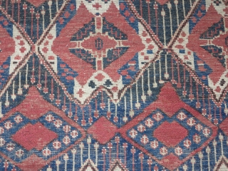 Central Asian Middle Amu Darya Area or Ersari Chuval with an ikat pattern. Crazy drawing with a lot of asymmetry, good color with a peculiar blue/black/green color. Some flat-stitch repair in the  ...