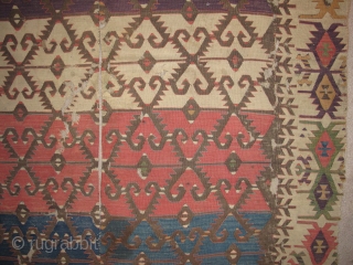 Fine Anatolian Kilim, large fragment with fantastic purples and greens, four blues, great color range, probably Konya area. size= 4'11"x6'10"             