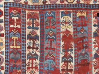 Blitzed but very Beautiful and unusual old South Persian tribal rug. Great colors, graphics and soft lustrous wool. Condition is... ummm... un-restored. (2.12 x 1.79 meters) (This enigmatic piece was published in  ...