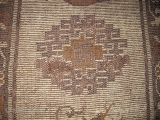 Mongolian Rug, Camel and Dark Brown un-dyed animal wool on a very light blue ground. (There is no white.) Warp is very thin reminiscent of imperial Ming carpets.) Wefting is thick brown  ...