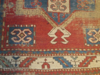 Old, worn, little Kazak Prayer Rug, horse and rider in top corner. good colors.                   