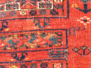 Middle Amu Darya Turkmen Ersari? Banded Chuval. Great color including a double dyed aubergine and classic nine band drawing with trees, carnations, animal heads, and a possible dated inscription.    