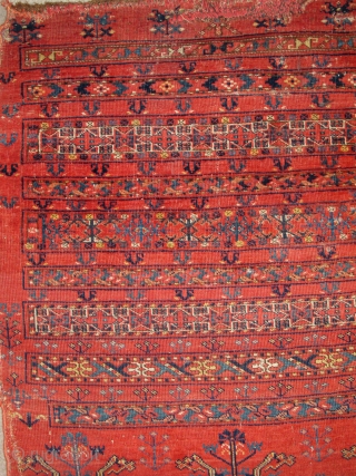 Middle Amu Darya Turkmen Ersari? Banded Chuval. Great color including a double dyed aubergine and classic nine band drawing with trees, carnations, animal heads, and a possible dated inscription.    