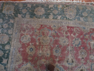 Indo-Isfahan Carpet, second half of the 17th century. Worn and with several generations of scattered repairs but complete. Apx. 8'x18'             