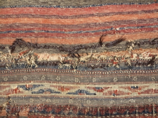 Single-wefted minakhani Baluch bag in paradoxical condition. An old example with several blues, complete back and great flat-woven top but with a lot of damage to the face. The pile face is  ...
