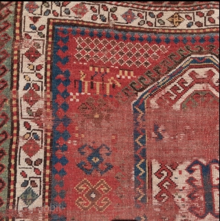 Masculine Sevan? Kazak, worn but actually quite a nice antique rug with personality, color, and a nice handle. 4'4"x7'4"              