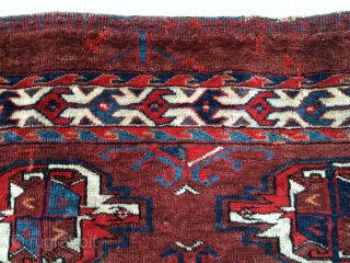 Yomut Turkmen Chuval, great vibrant natural color including some silk highlights in the centers of the bottom guls. Relatively complete with some damage/restoration to the sides. Nice spacing and handle. A vibrant  ...