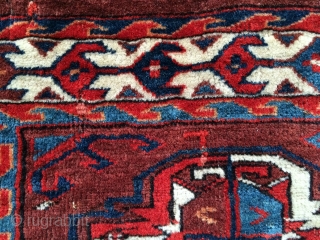 Yomut Turkmen Chuval, great vibrant natural color including some silk highlights in the centers of the bottom guls. Relatively complete with some damage/restoration to the sides. Nice spacing and handle. A vibrant  ...