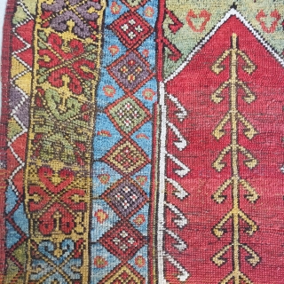 Mudjur (Mucur) or possibly Konya prayer rug. Big knots, lots of colors, all vegetal dyes with no sulfonic. 3 shades of aubergine / purple, colorful wefting including red, aubergine, brown, black, and  ...