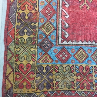 Mudjur (Mucur) or possibly Konya prayer rug. Big knots, lots of colors, all vegetal dyes with no sulfonic. 3 shades of aubergine / purple, colorful wefting including red, aubergine, brown, black, and  ...
