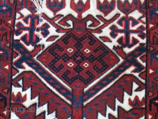 Exceptionally graphic Turkmen tentband fragment, velvety pile, vivid natural color including a few silk highlights. There are two clean easily repairable rips, otherwise in good shape.       