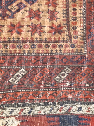 Crisply drawn Camel Ground Baluch Prayer Rug with elongated stylized hands, depressed warp Khorosan type. Dated Baluch prayer rug, a piece from Basha's Baluch Collection. 2'7"x4'7"
       