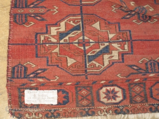 Tekke Turkmen Small Main Carpet or Large Mat with Torba-Guls. Exceptional velvet-like wool, large well-drawn guls, great handle. There is an abrash to the natural browns, lighter toward the center and darker  ...