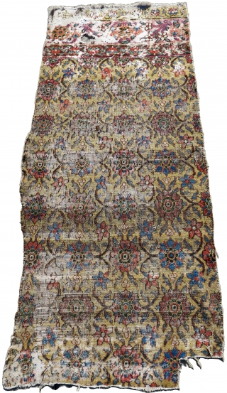 Minakhani fragment, late 18th century / circa 1800. Khorasan jufti knotted type a rare yellow ground. Worn but majestic. Size is 33'x75'           