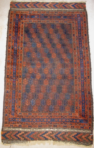 Baluch Rug with shrub pattern field, a few animals too. The way the blue border breaks is a nice feature rarely encountered. A few highlights with cochineal, good weave in good shape  ...