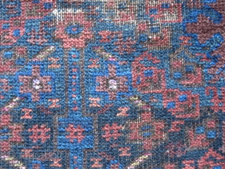 Classic Timuri type Baluch Prayer Rug, excellently and finely drawn with trees and shrubs on a blue ground. Worn, especially at the top, with corrosion as well, a great sumak bottom portion,  ...