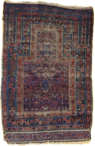 Classic Timuri type Baluch Prayer Rug, excellently and finely drawn with trees and shrubs on a blue ground. Worn, especially at the top, with corrosion as well, a great sumak bottom portion,  ...