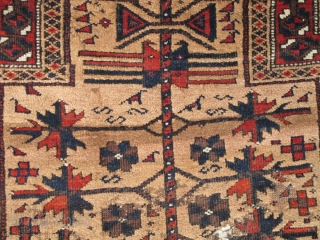 Baluch Camel Ground Prayer Rug, fantastically soft wool (just ask the moths!) saturated madder red. Great tactile quality. Good drawing with interesting asymmetries. This is a former Basha piece.
    