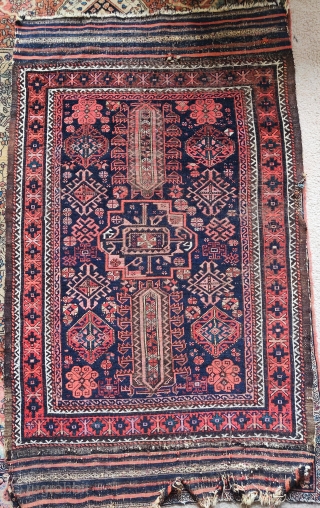 Timuri type Baluch rug with a central Turkmen gul and wonderful ornament. Yes, there is aniline in this one. There is also an amazing green and a rare pale yellow. Still a  ...