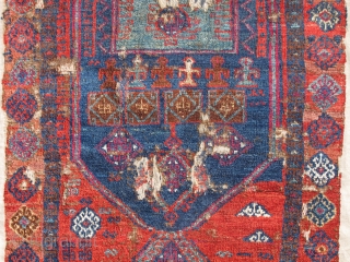 With the format of a yastik and the general size and orientation of a prayer rug, this East Anatolian Kurd weaving seems to be something else. There are ewers drawn towards the  ...