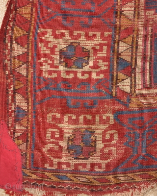 Bergama area Anatolian Turkish rug, an early rendition of this uncommon type with saturated color and open drawing, silk knots in the center. Stars and ewers. 64"x78" 163x198cm. Inscribed in two places  ...