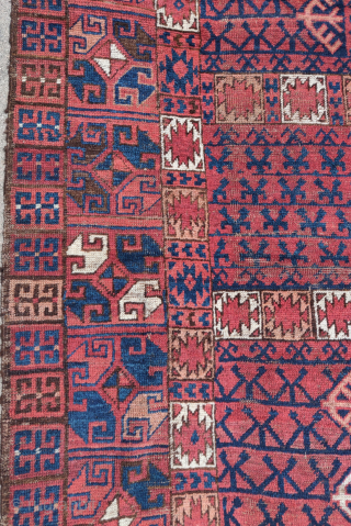 Middle Amu Darya region Turkmen or Uzbek ensi. Older than most of this type. Large scale with bold yet in abbreviated drawing. Great wool and in good condition. Macrame ends preserved at  ...