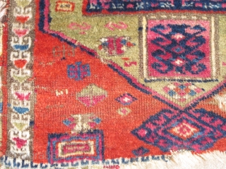 East Anatolian Yastik with spectacularly abstracted drawing. Woven with the thick glossy soft wool that this group is known for. Very colorful with abrash in the green (probably sulphonic?) and cochineal. Nice  ...