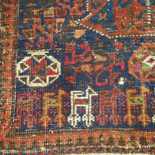 Crazy Baluch octagon star bag with animals. Tribal khorjin from Khorosan with an eccentric take on a classic Baluchi type. Very colorful with cochineal and green but with a few fuchsine knots  ...