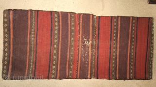 Complete green-ground Baluch khorjin. Western Afghanistan, color is really good and difficult to capture. Subtle idiosyncratic drawing improvisations throughout. Great colorful striped flatwoven back         