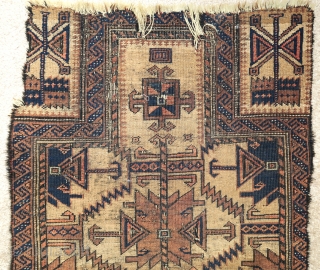 Baluch camel ground prayer rug with large ashik like design, black animal hair weft, tight thick weave, condition is quite messed up but the piece is still quite compelling.    