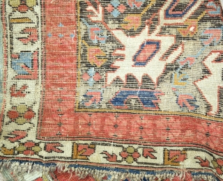 Starburst Caucasian Zeichur rug with a dark corroded ground, very colorful with a sculptural effect.                  