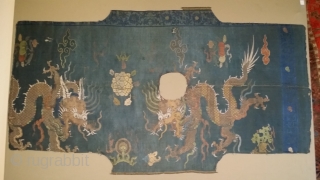 Chinese silk and metal thread textile with fantastic dragons, Ming dynasty. Cut and shaped to adorn a statue most likely within a Tibetan context. Apx. 4 feet X 30 inches.  Mounted  ...