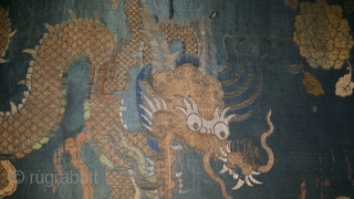 Chinese silk and metal thread textile with fantastic dragons, Ming dynasty. Cut and shaped to adorn a statue most likely within a Tibetan context. Apx. 4 feet X 30 inches.  Mounted  ...