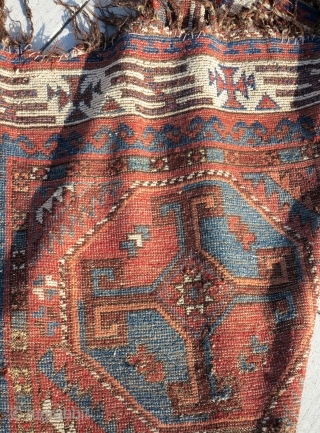 Very Old Central Asian / Uzbek main carpet with crosses in octagons. Great saturated and diverse color with an amazing border of a type i have never seen anywhere else. The negative  ...