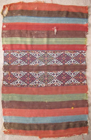 East Anatolian Striped Kilim Chuval with central bands of sumak. Excellent almost Andean-like handle. 5'3"x3' 160x91cm                 