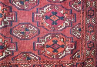 Salor Turkmen chuval, asymmetric knot open left, classic Salor depressed weave and iconic drawing but young enough to use azo dye. Still antique, 19th century but priced accordingly.     